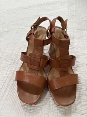 Franco Sarto Brown Leather Wedge Sandals with Buckle Straps